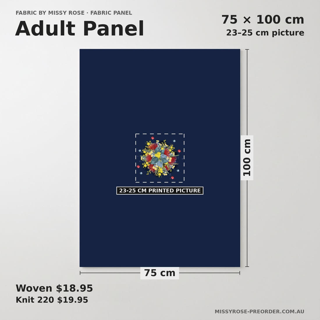 Design 1132 Australian Floral Panel adult panel sizing – 23–25 cm printed picture on 75 × 100 cm fabric | Fabric by Missy Rose
