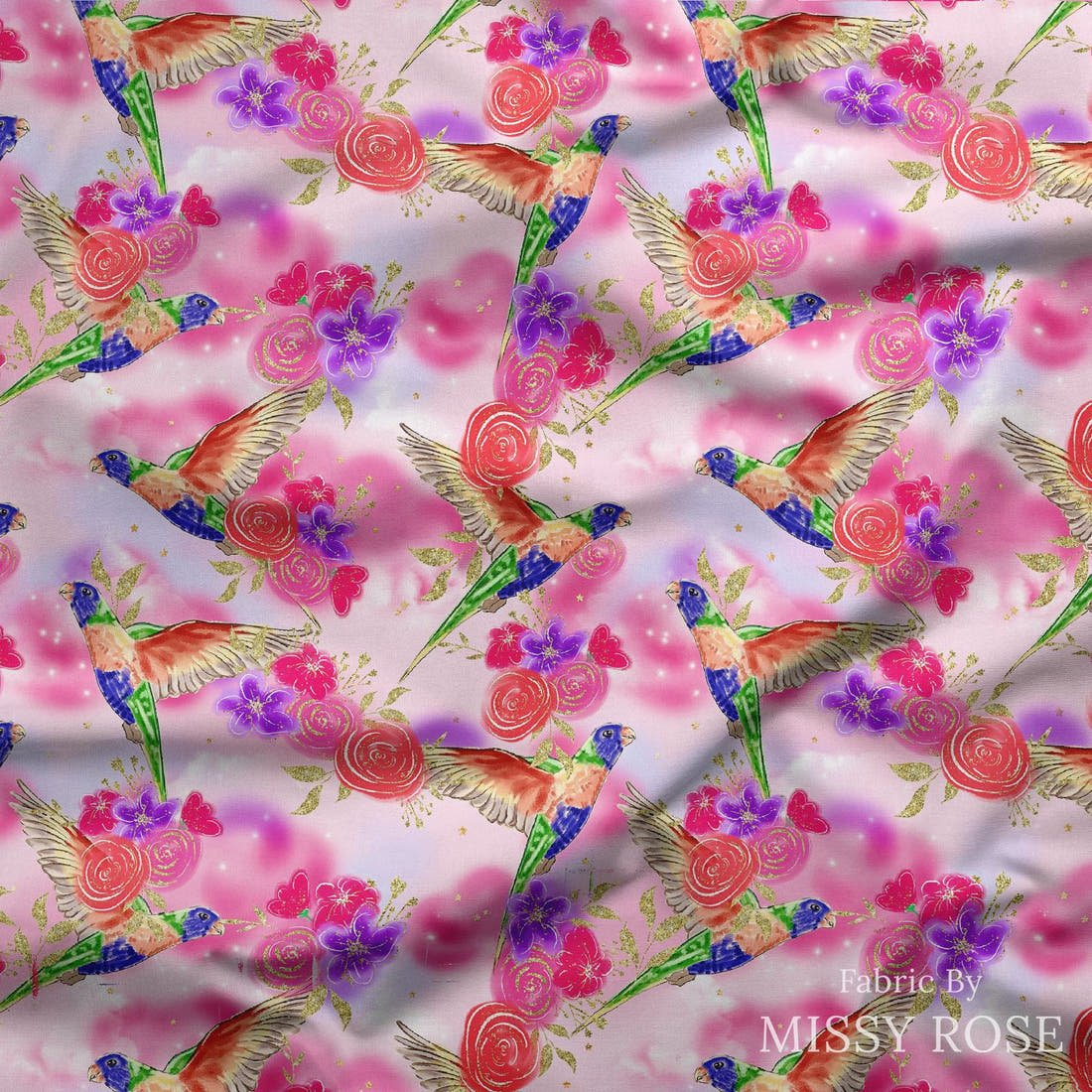 Design 1134 Lorikeet Fabric draped fabric mockup – custom printed fabric by the metre | Fabric by Missy Rose