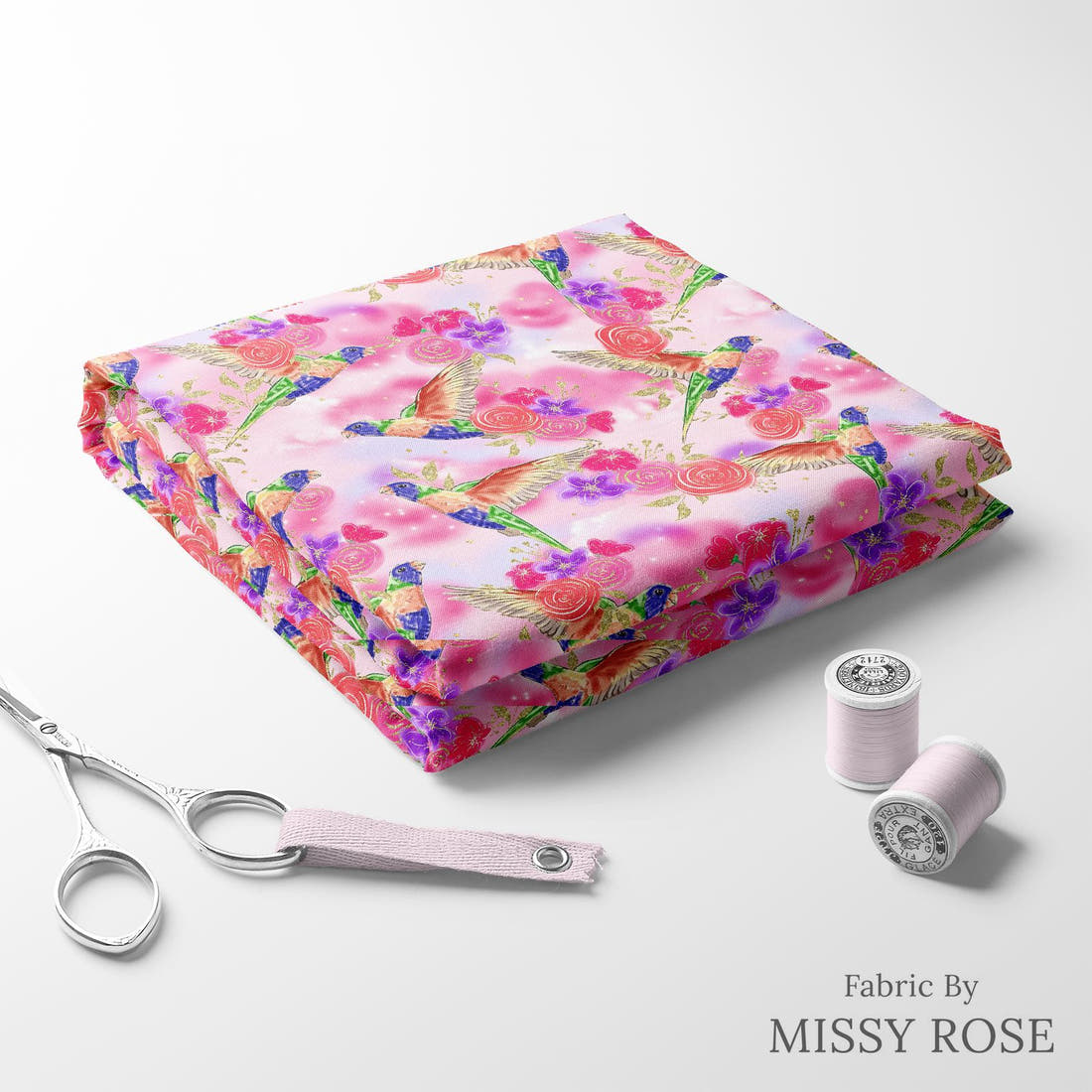 Design 1134 Lorikeet Fabric folded fabric stack with matching thread – pre-order fabric Australia | Fabric by Missy Rose