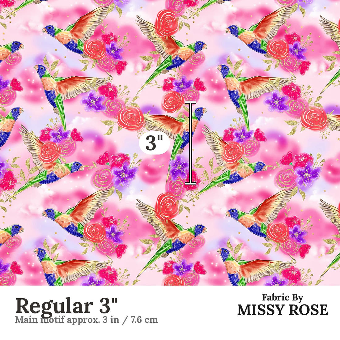 Design 1134 Lorikeet Fabric Regular 3 inch print scale guide | Fabric by Missy Rose