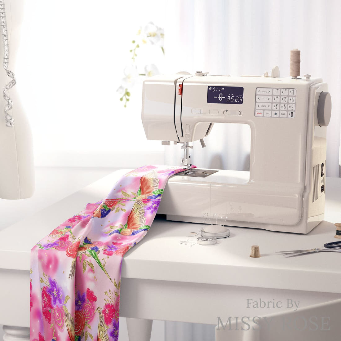 Design 1134 Lorikeet Fabric on a sewing machine – premium fabric for sewing projects | Fabric by Missy Rose