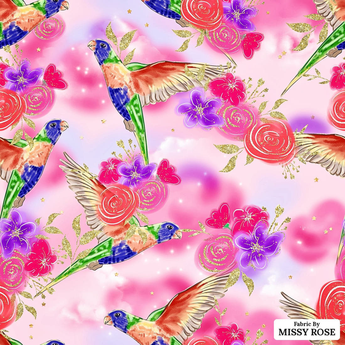 Design 1134 Lorikeet Fabric – flat view of the print, zoom in for detail | Fabric by Missy Rose