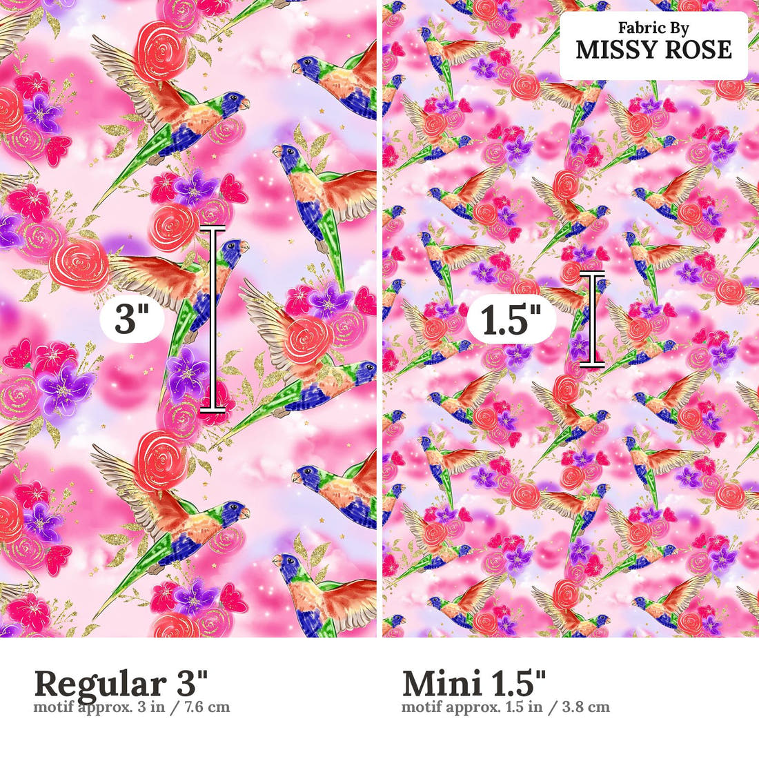 Design 1134 Lorikeet Fabric Regular 3 inch vs Mini 1.5 inch print scale side by side | Fabric by Missy Rose