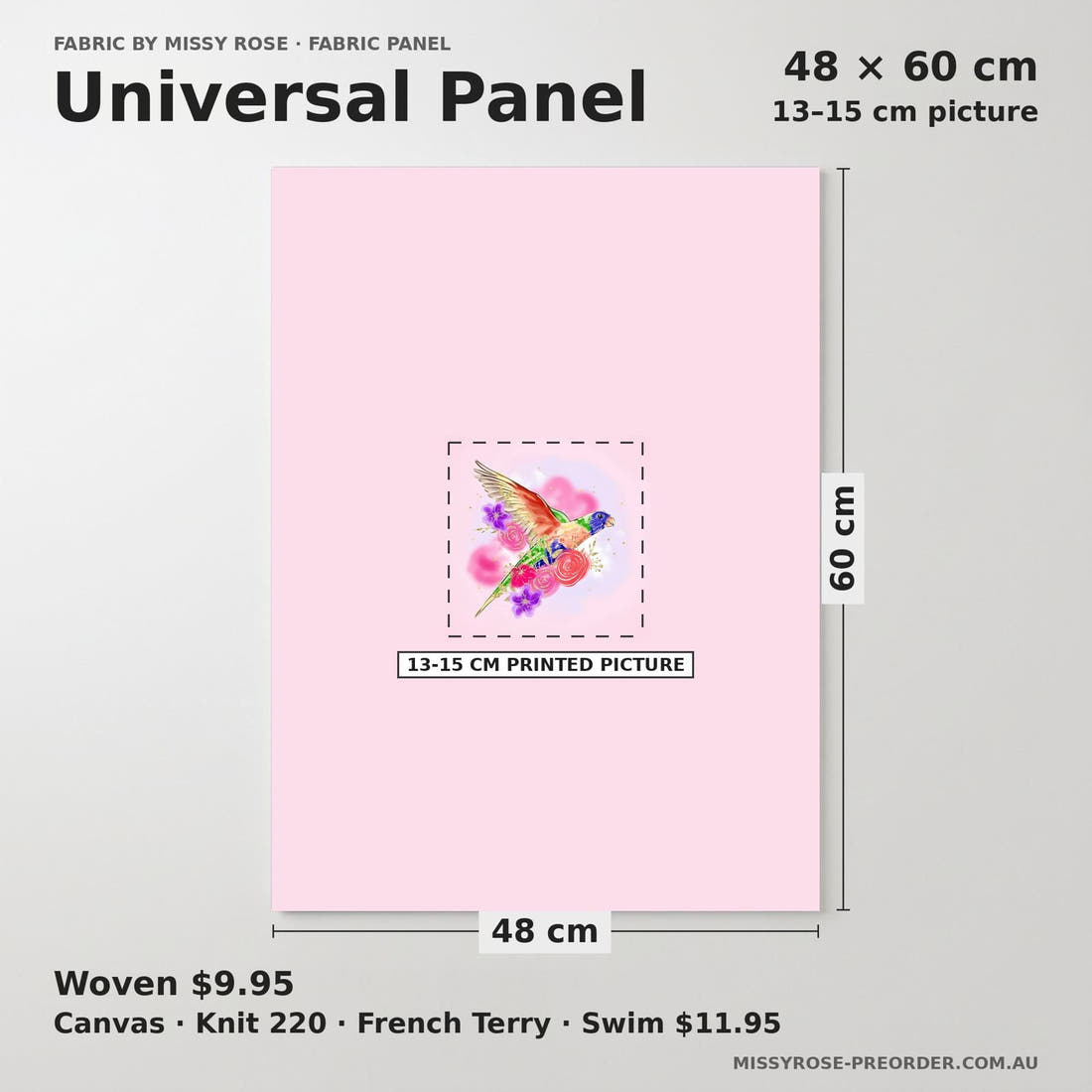 Design 1134 Lorikeet Panel universal panel sizing – 13–15 cm printed picture on 48 × 60 cm fabric | Fabric by Missy Rose