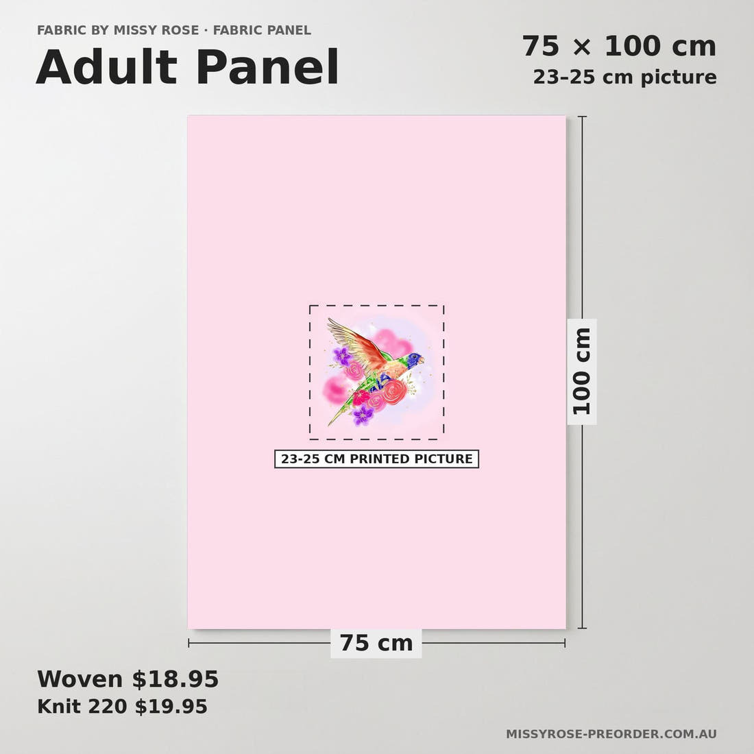 Design 1134 Lorikeet Panel adult panel sizing – 23–25 cm printed picture on 75 × 100 cm fabric | Fabric by Missy Rose