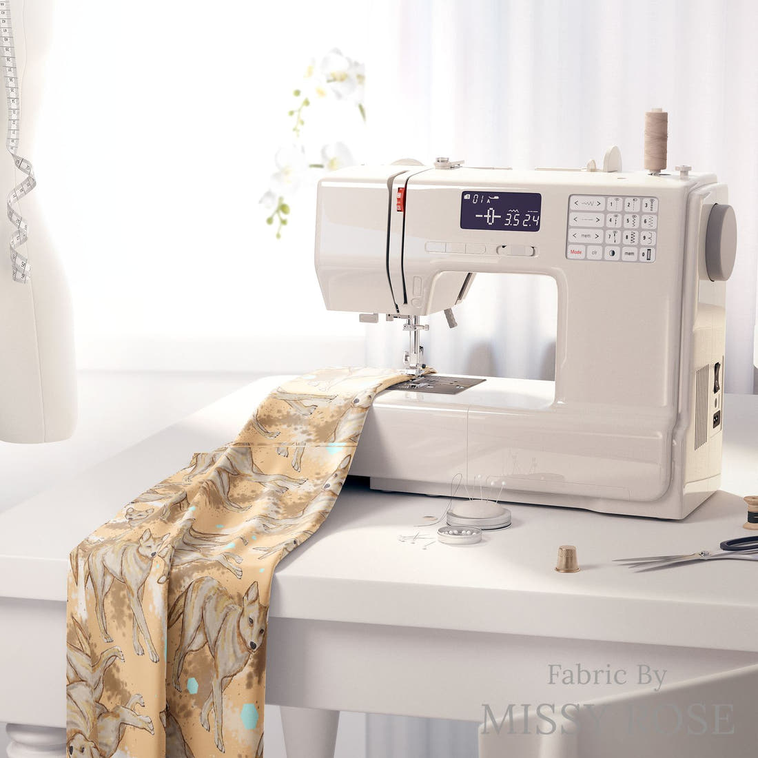 Design 1135 Dingo Fabric on a sewing machine – premium fabric for sewing projects | Fabric by Missy Rose