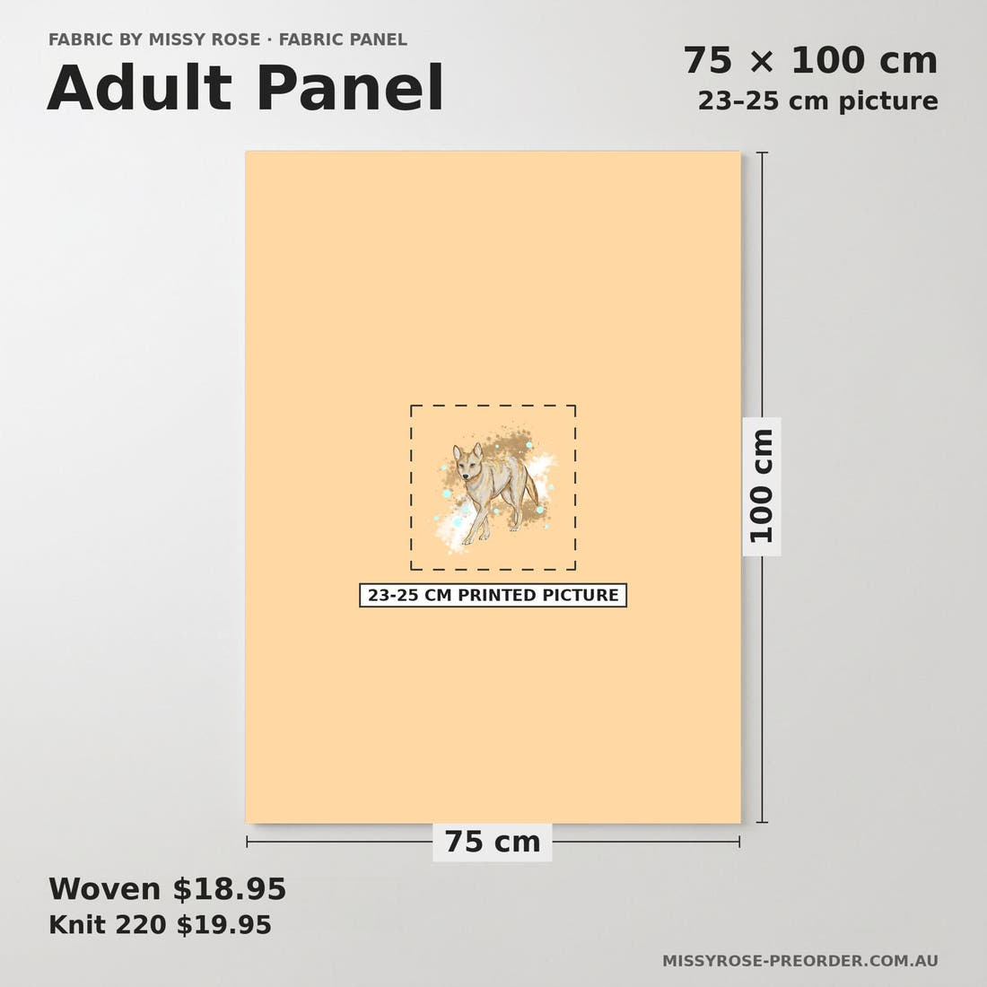 Design 1135 Dingo Panel adult panel sizing – 23–25 cm printed picture on 75 × 100 cm fabric | Fabric by Missy Rose