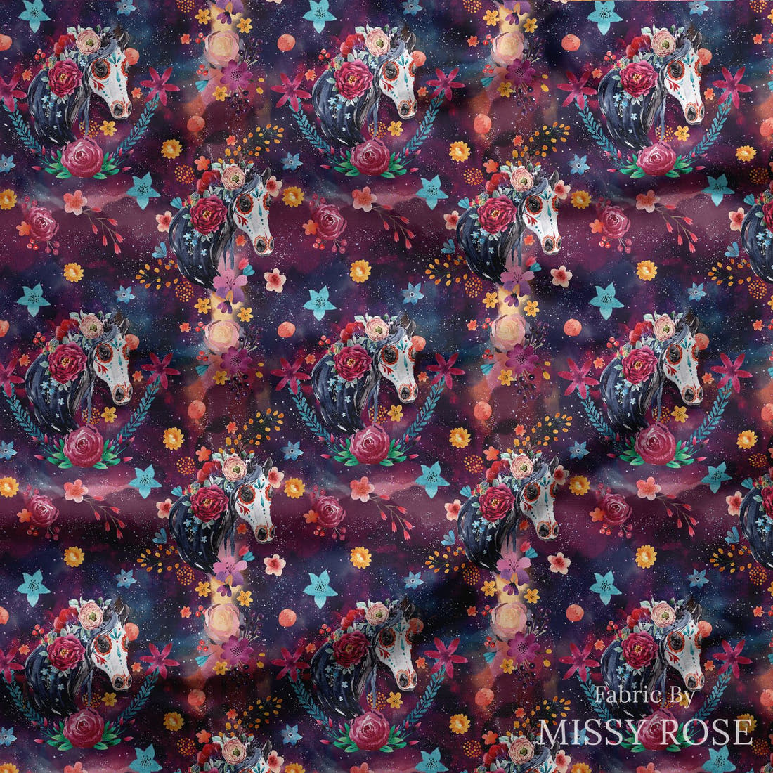 Design 1136 Watercolour Horse Fabric draped fabric mockup – custom printed fabric by the metre | Fabric by Missy Rose