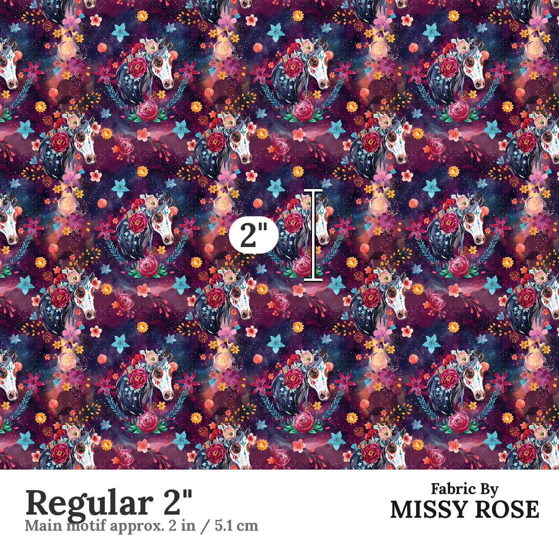 Design 1136 Watercolour Horse Fabric Regular 2 inch print scale guide | Fabric by Missy Rose