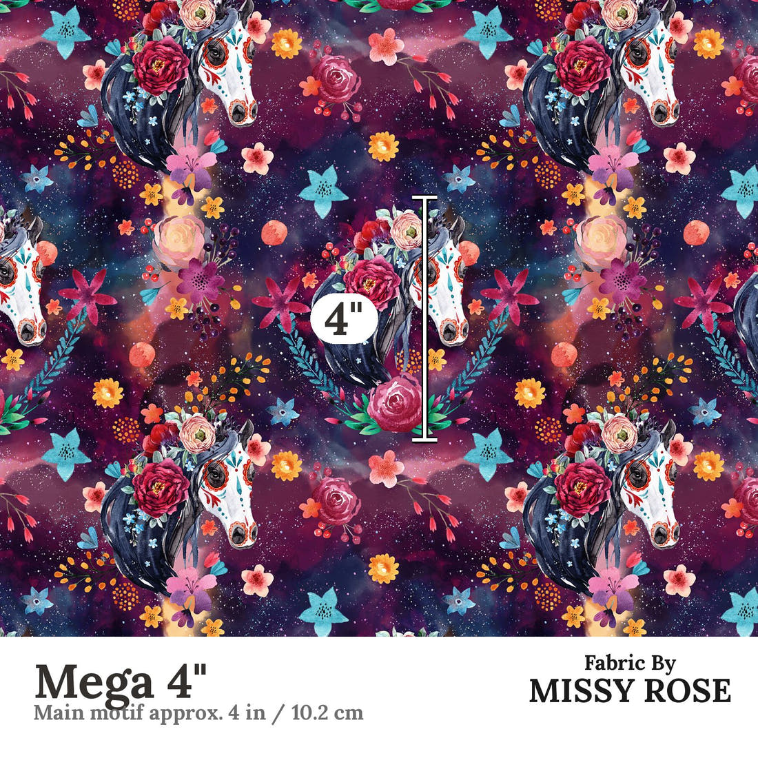 Design 1136 Watercolour Horse Fabric Mega 4 inch print scale guide | Fabric by Missy Rose