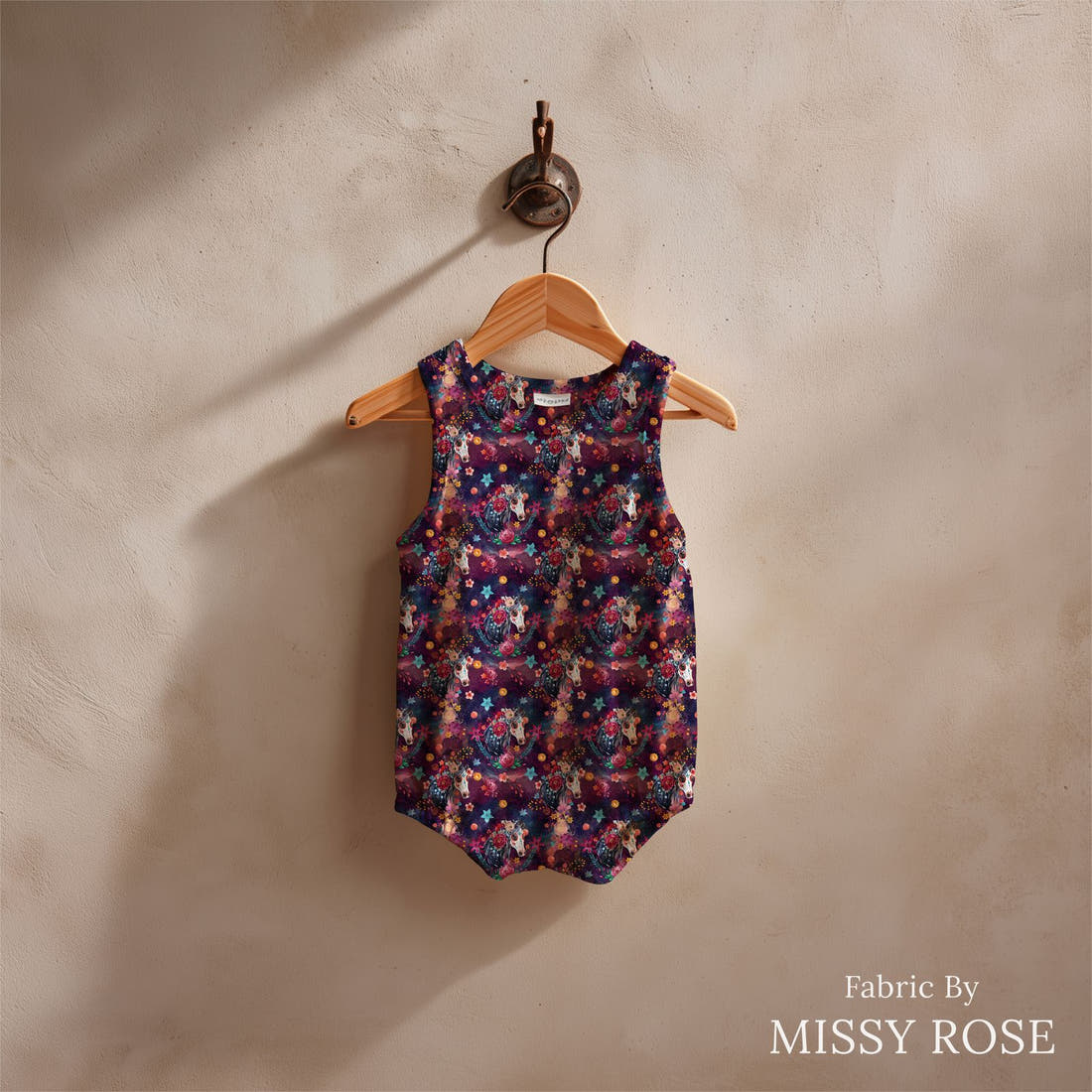 Design 1136 Watercolour Horse Fabric sewn into a baby romper – see how the print looks made up | Fabric by Missy Rose