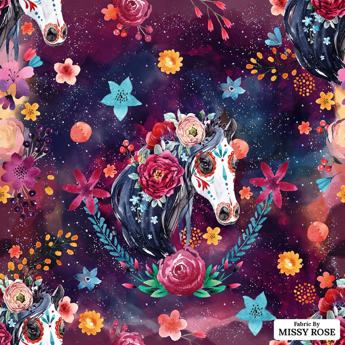 Design 1136 Watercolour Horse Fabric – flat view of the print, zoom in for detail | Fabric by Missy Rose