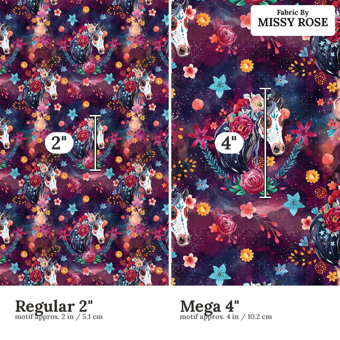 Design 1136 Watercolour Horse Fabric Regular 2 inch vs Mega 4 inch print scale side by side | Fabric by Missy Rose
