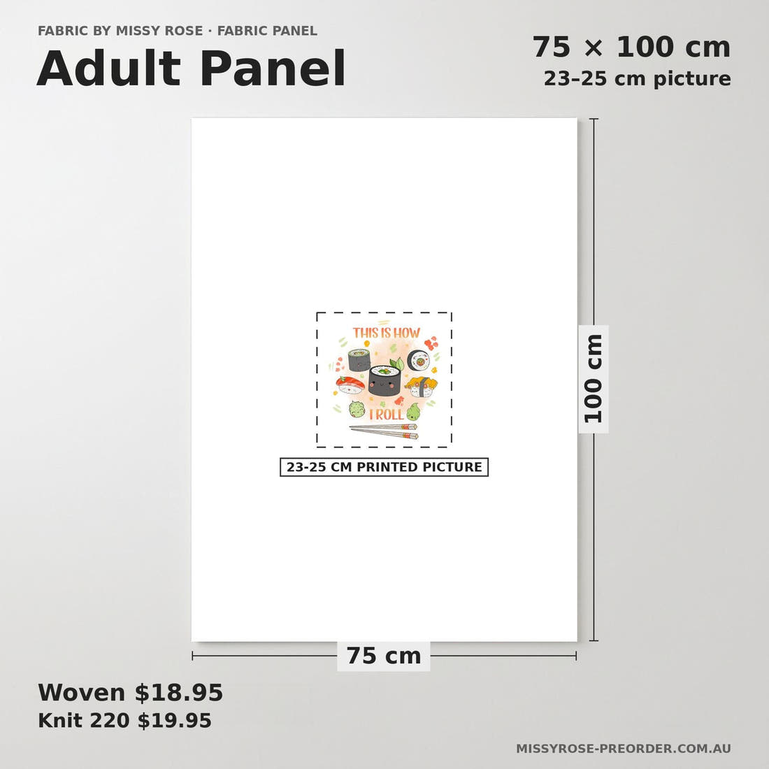 Design 1137 Sushi Panel adult panel sizing – 23–25 cm printed picture on 75 × 100 cm fabric | Fabric by Missy Rose