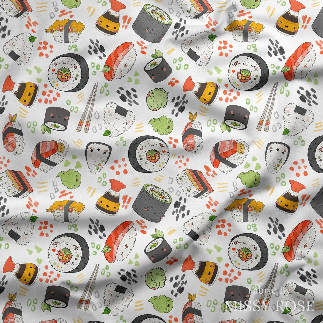Design 1137 Sushi Fabric draped fabric mockup – custom printed fabric by the metre | Fabric by Missy Rose