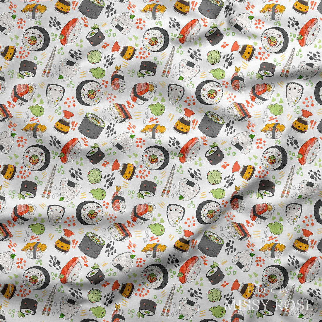 Design 1137 Sushi Fabric draped fabric mockup – custom printed fabric by the metre | Fabric by Missy Rose