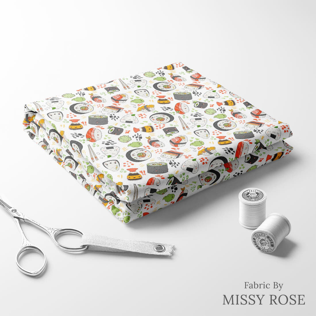 Design 1137 Sushi Fabric folded fabric stack with matching thread – pre-order fabric Australia | Fabric by Missy Rose