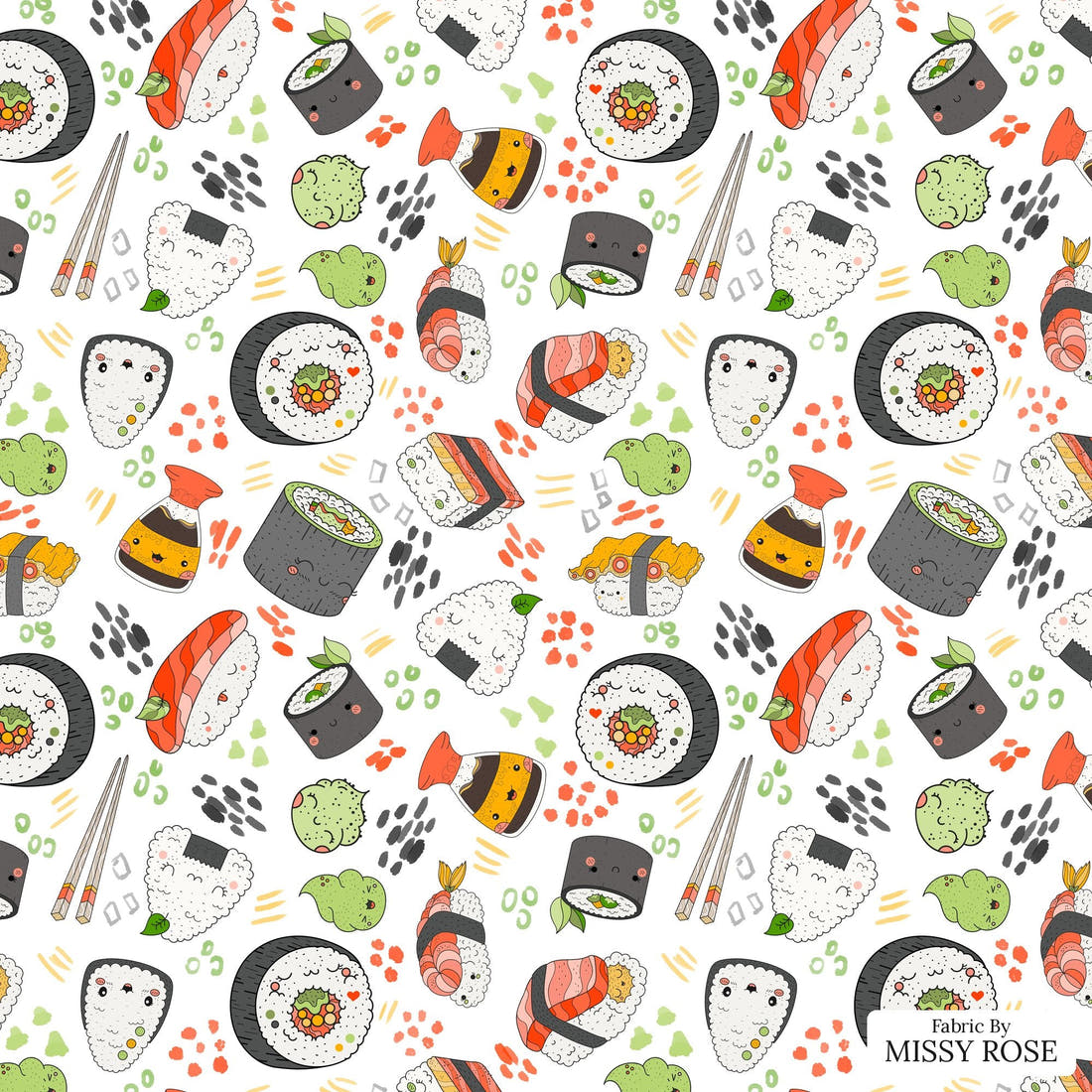 Design 1137 Sushi Fabric – flat view of the print, zoom in for detail | Fabric by Missy Rose