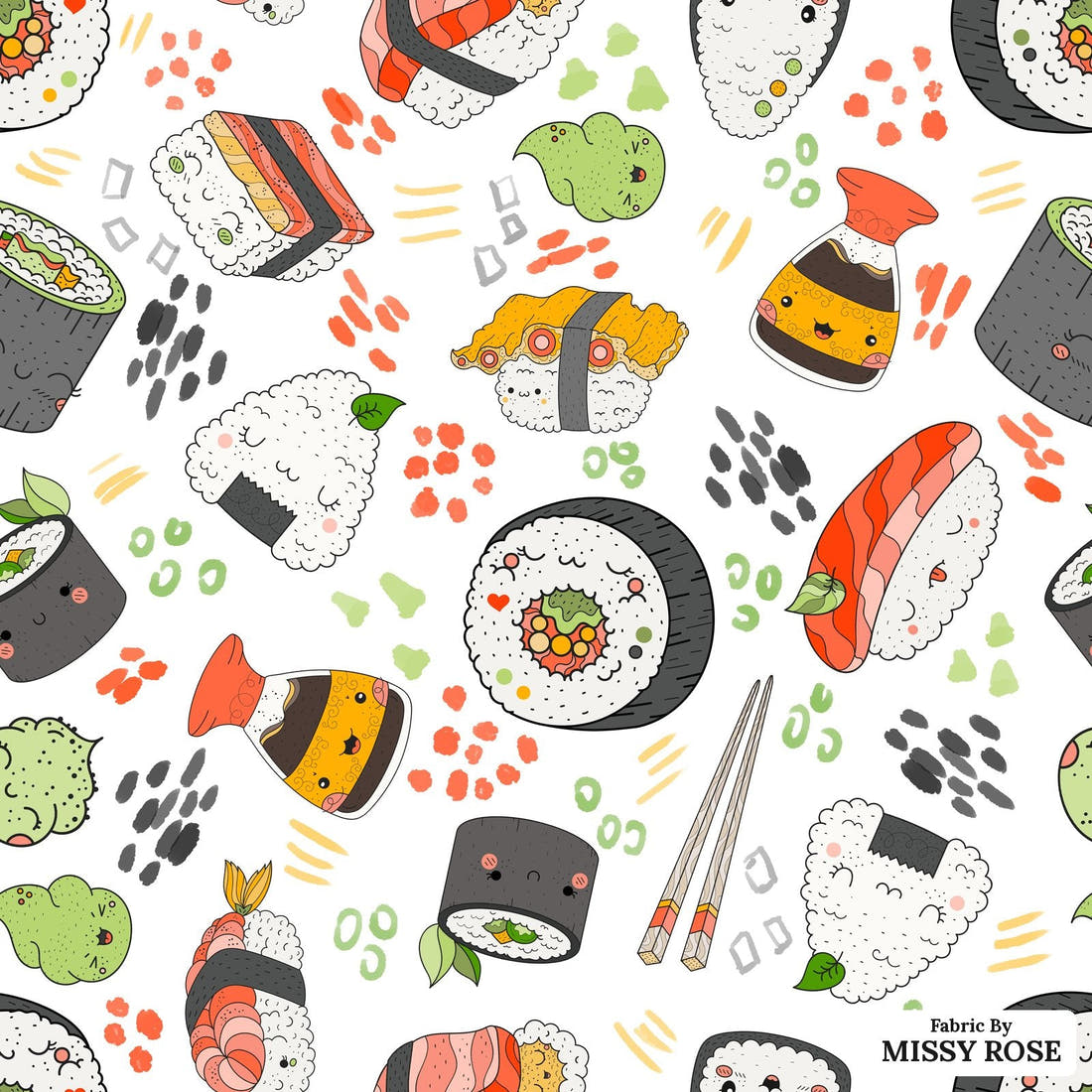 Design 1137 Sushi Fabric – flat view of the print, zoom in for detail | Fabric by Missy Rose