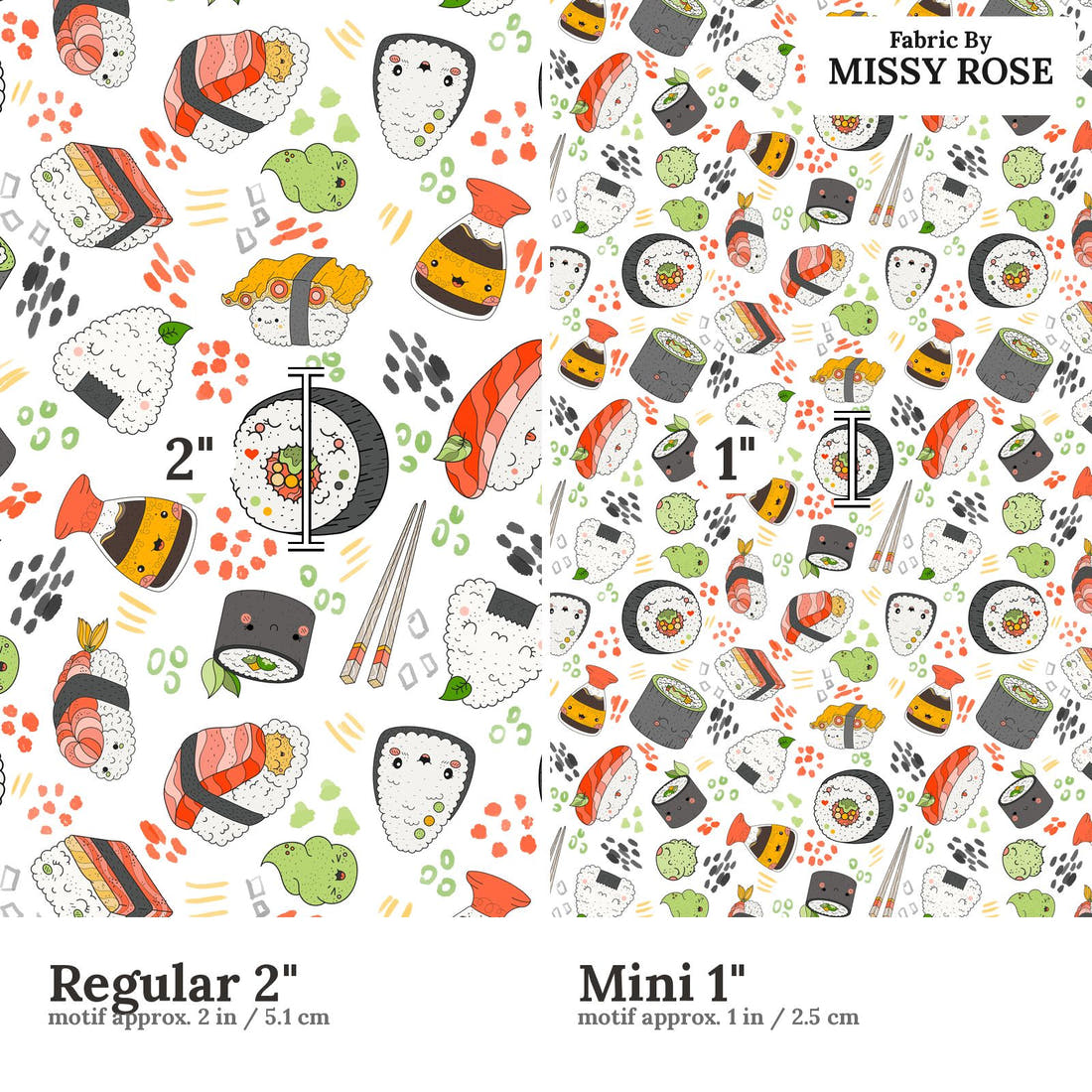 Design 1137 Sushi Fabric Regular 2 inch vs Mini 1 inch print scale side by side | Fabric by Missy Rose