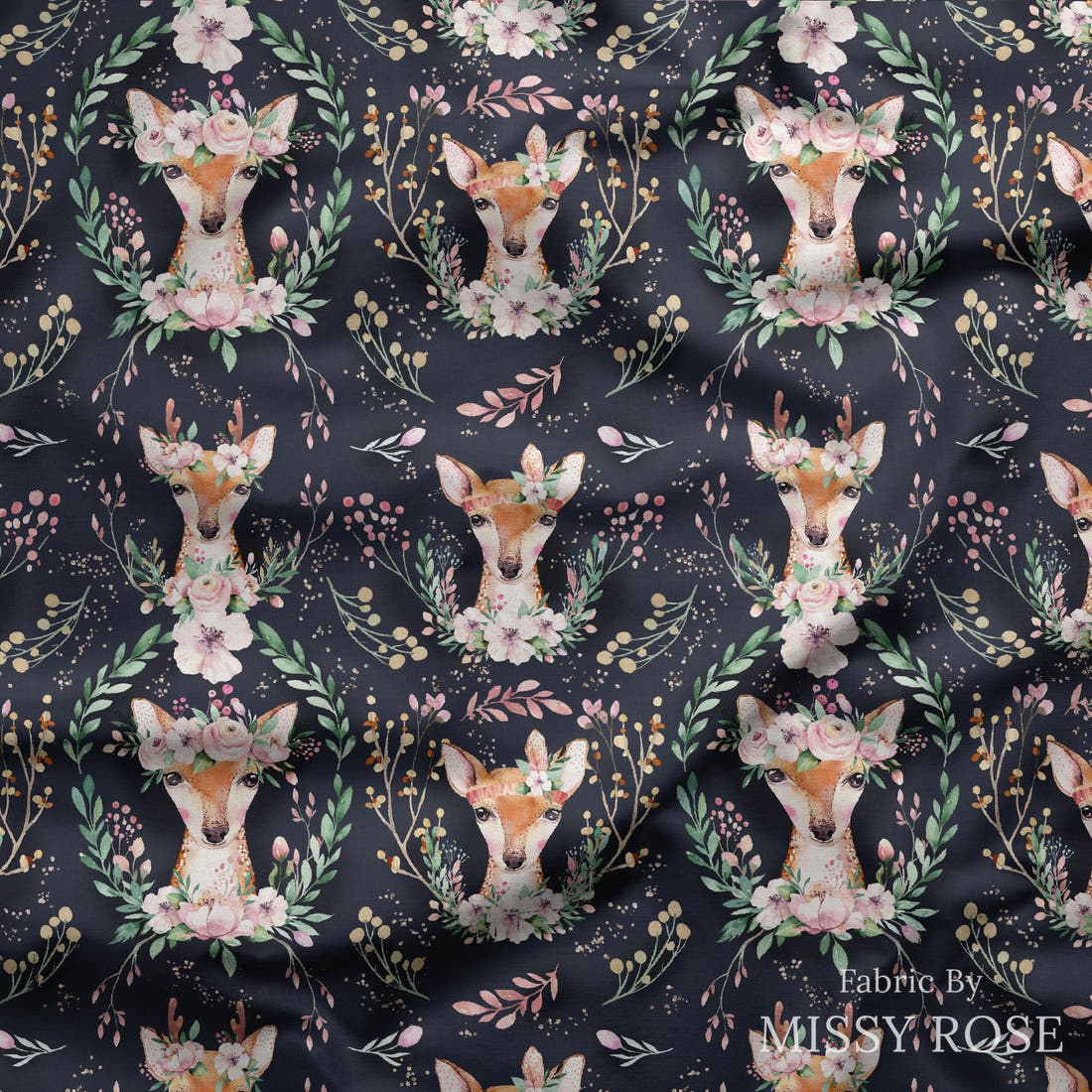 Design 1138 Navy Deer Fabric draped fabric mockup – custom printed fabric by the metre | Fabric by Missy Rose