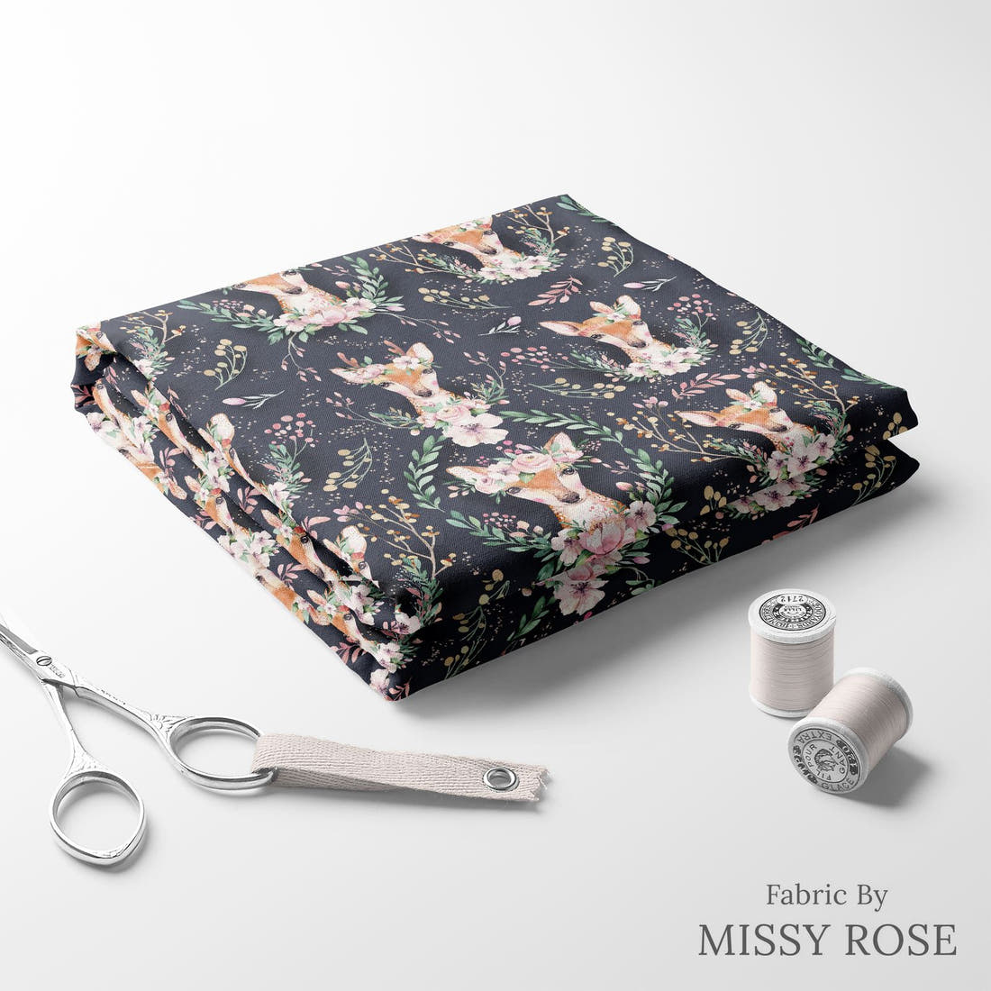 Design 1138 Navy Deer Fabric folded fabric stack with matching thread – pre-order fabric Australia | Fabric by Missy Rose