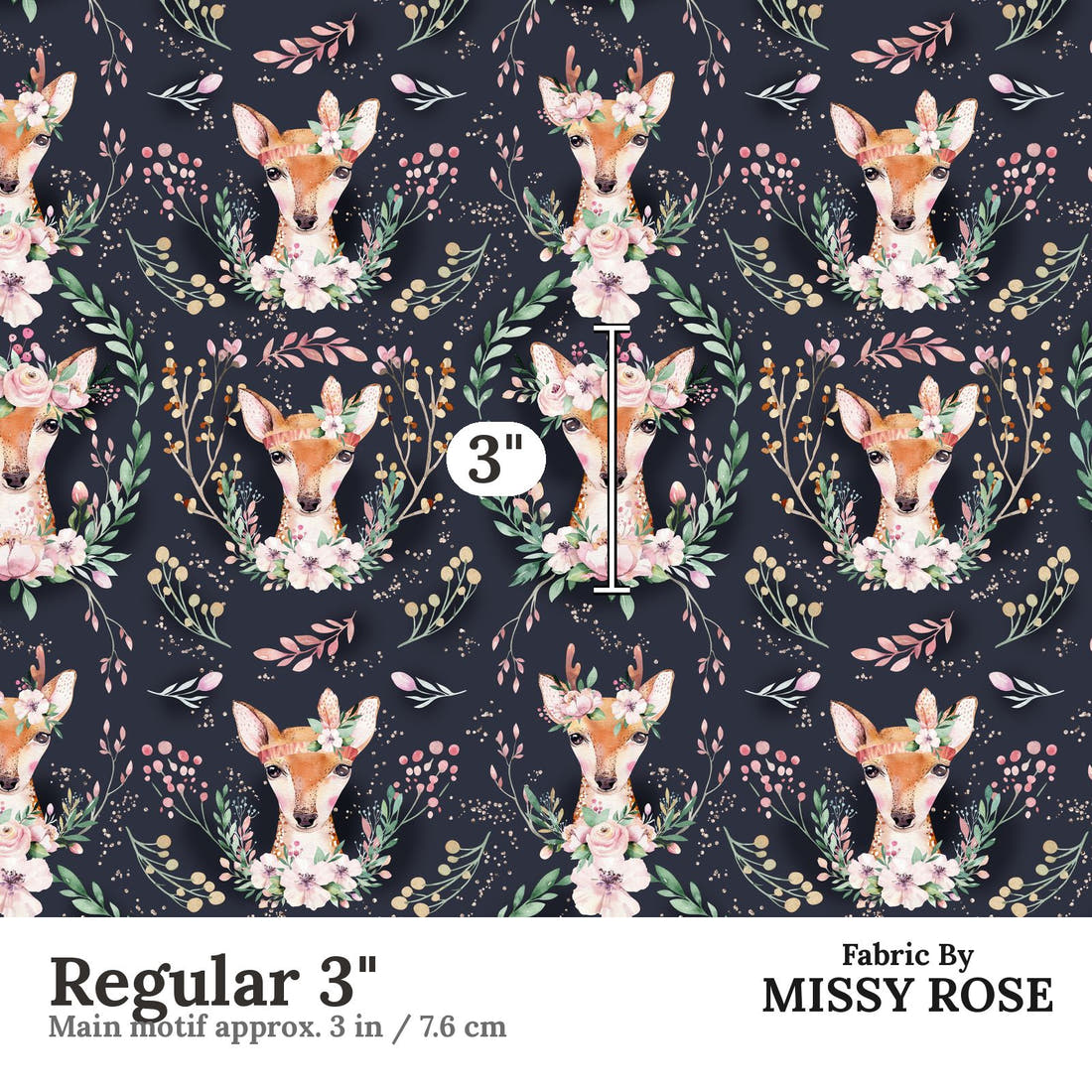 Design 1138 Navy Deer Fabric Regular 3 inch print scale guide | Fabric by Missy Rose