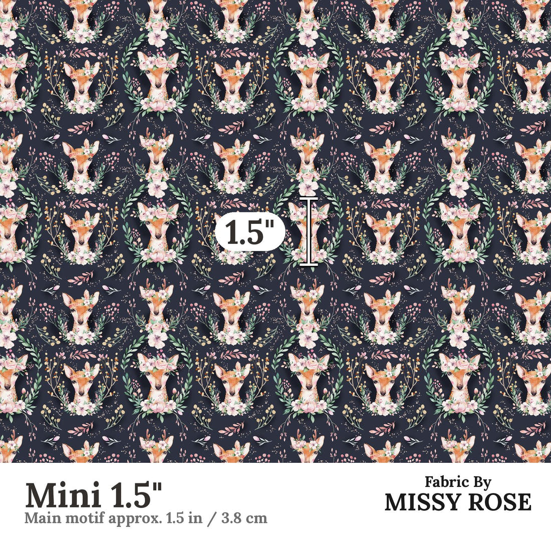 Design 1138 Navy Deer Fabric Mini 1.5 inch print scale guide | Fabric by Missy Rose