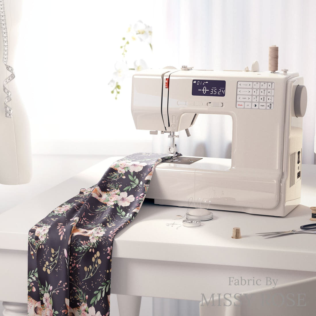 Design 1138 Navy Deer Fabric on a sewing machine – premium fabric for sewing projects | Fabric by Missy Rose