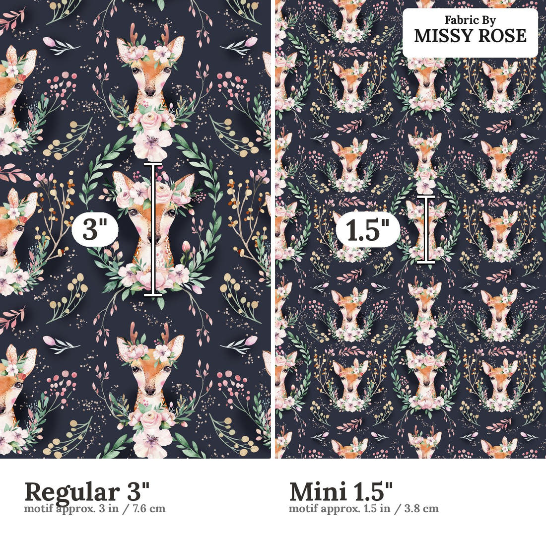 Design 1138 Navy Deer Fabric Regular 3 inch vs Mini 1.5 inch print scale side by side | Fabric by Missy Rose