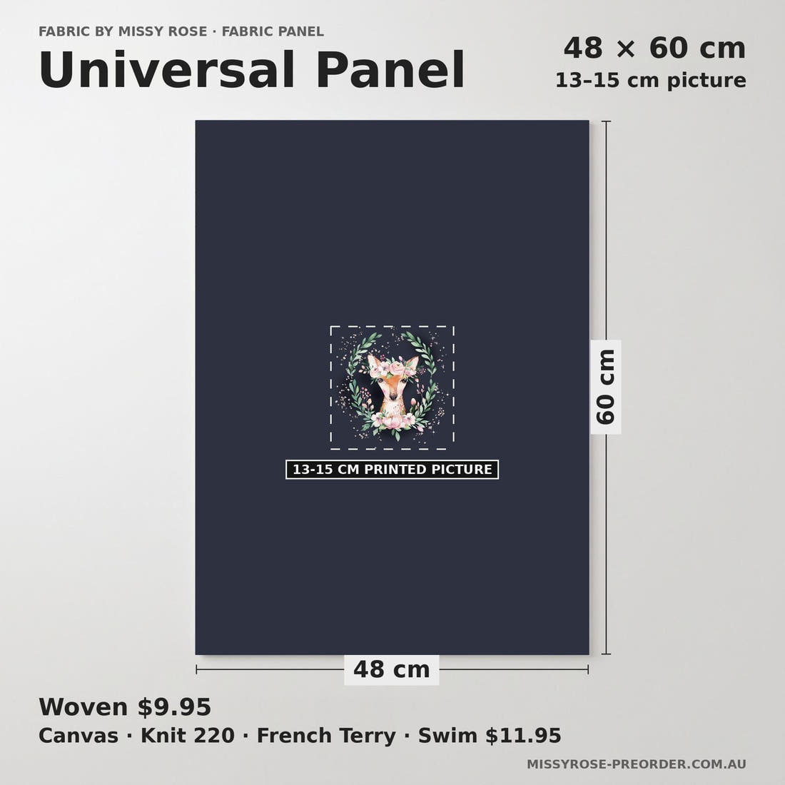 Design 1138 Navy Deer Panel universal panel sizing – 13–15 cm printed picture on 48 × 60 cm fabric | Fabric by Missy Rose