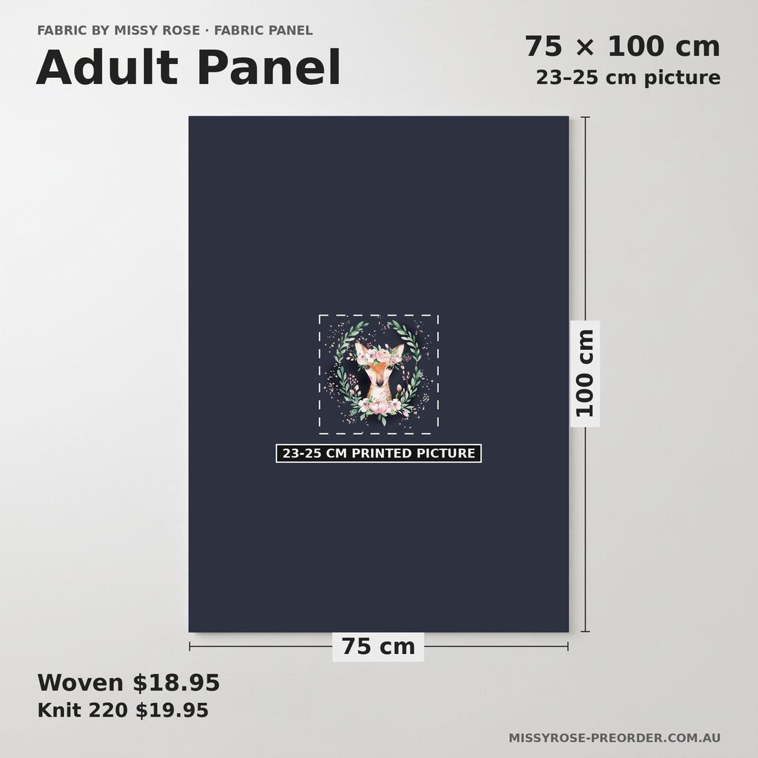 Design 1138 Navy Deer Panel adult panel sizing – 23–25 cm printed picture on 75 × 100 cm fabric | Fabric by Missy Rose