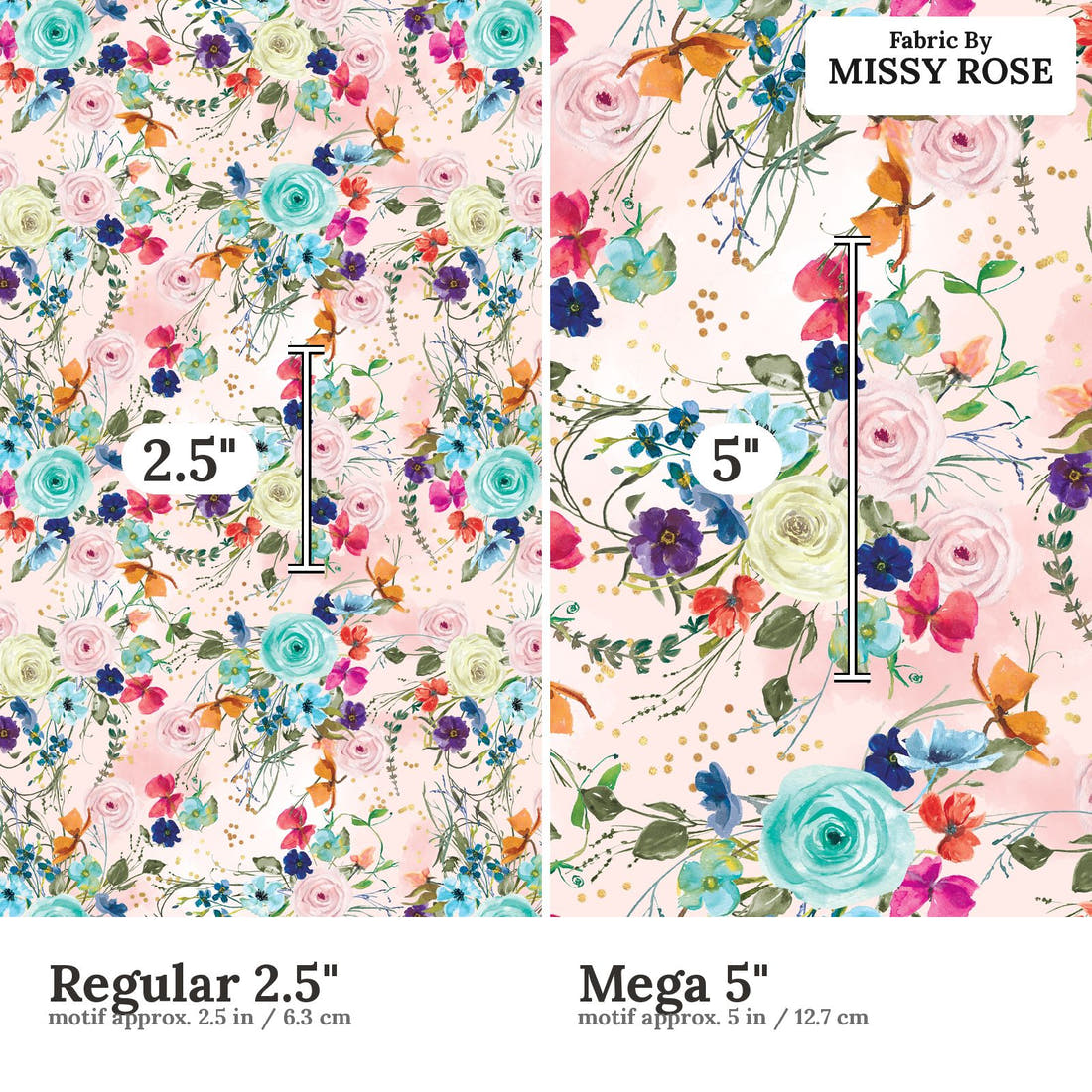 Design 1139 Floral Fabric Regular 2.5 inch vs Mega 5 inch print scale side by side | Fabric by Missy Rose