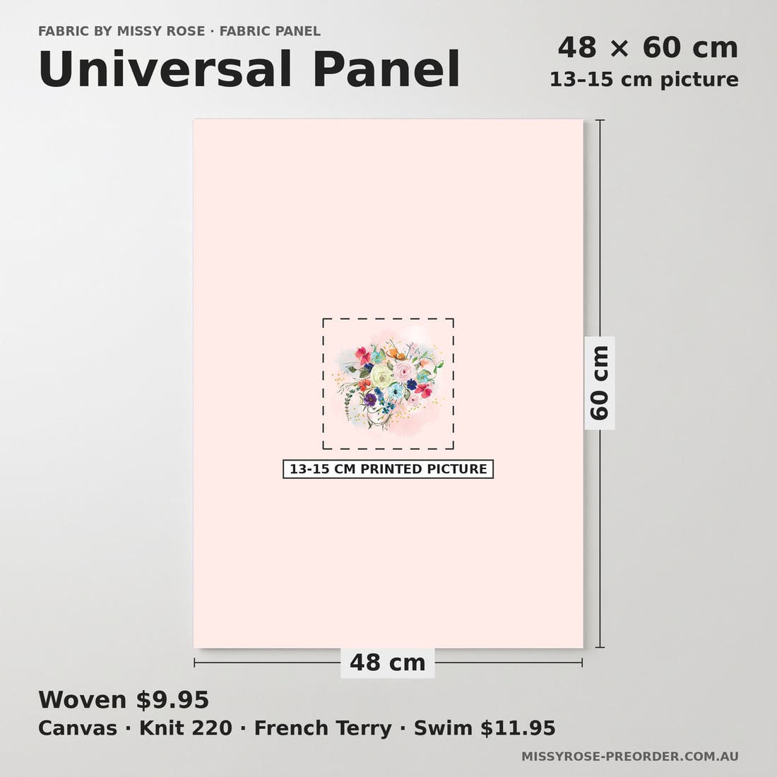 Design 1139 Floral Panel universal panel sizing – 13–15 cm printed picture on 48 × 60 cm fabric | Fabric by Missy Rose