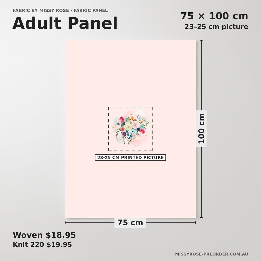 Design 1139 Floral Panel adult panel sizing – 23–25 cm printed picture on 75 × 100 cm fabric | Fabric by Missy Rose
