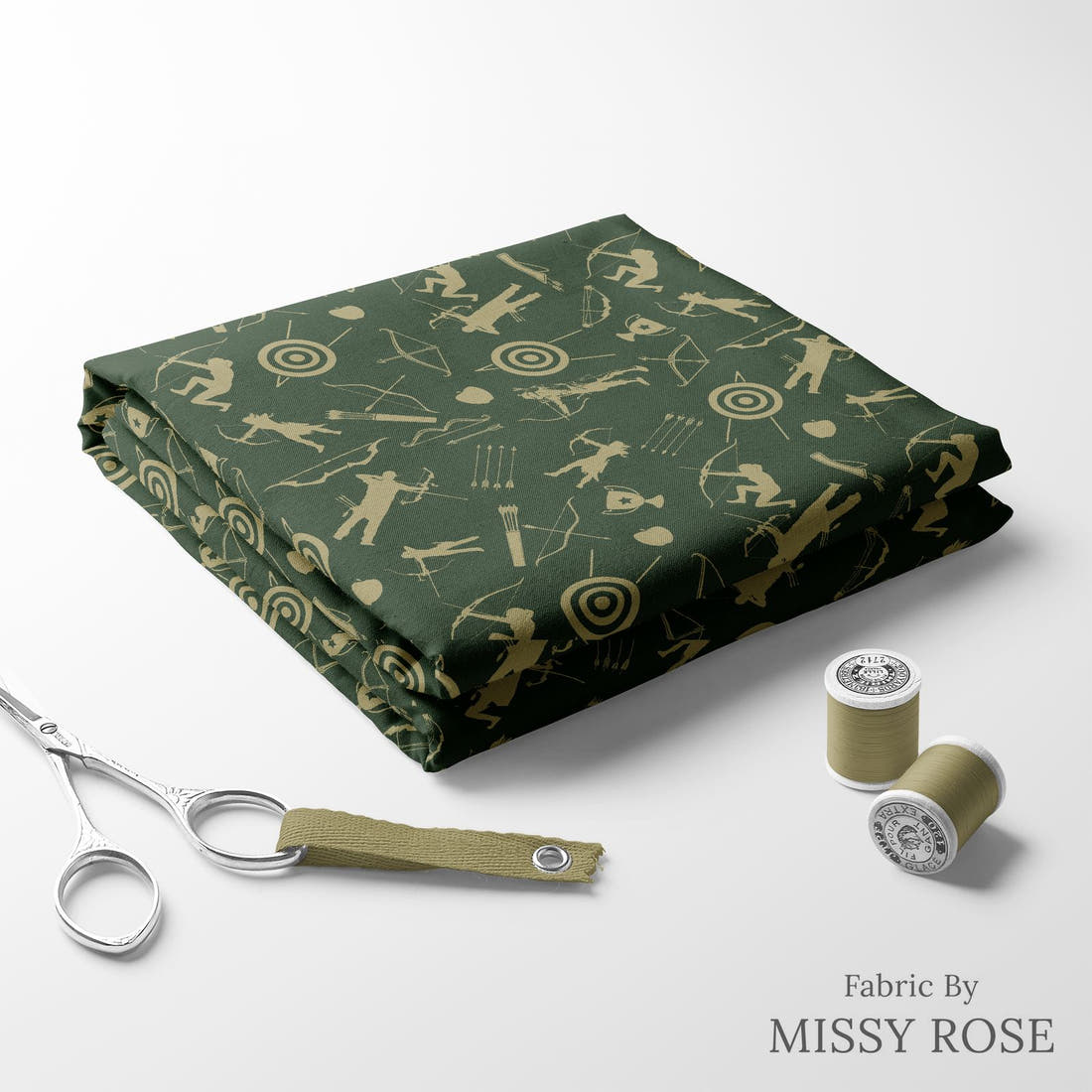 Design 114 Archery Fabric folded fabric stack with matching thread – pre-order fabric Australia | Fabric by Missy Rose