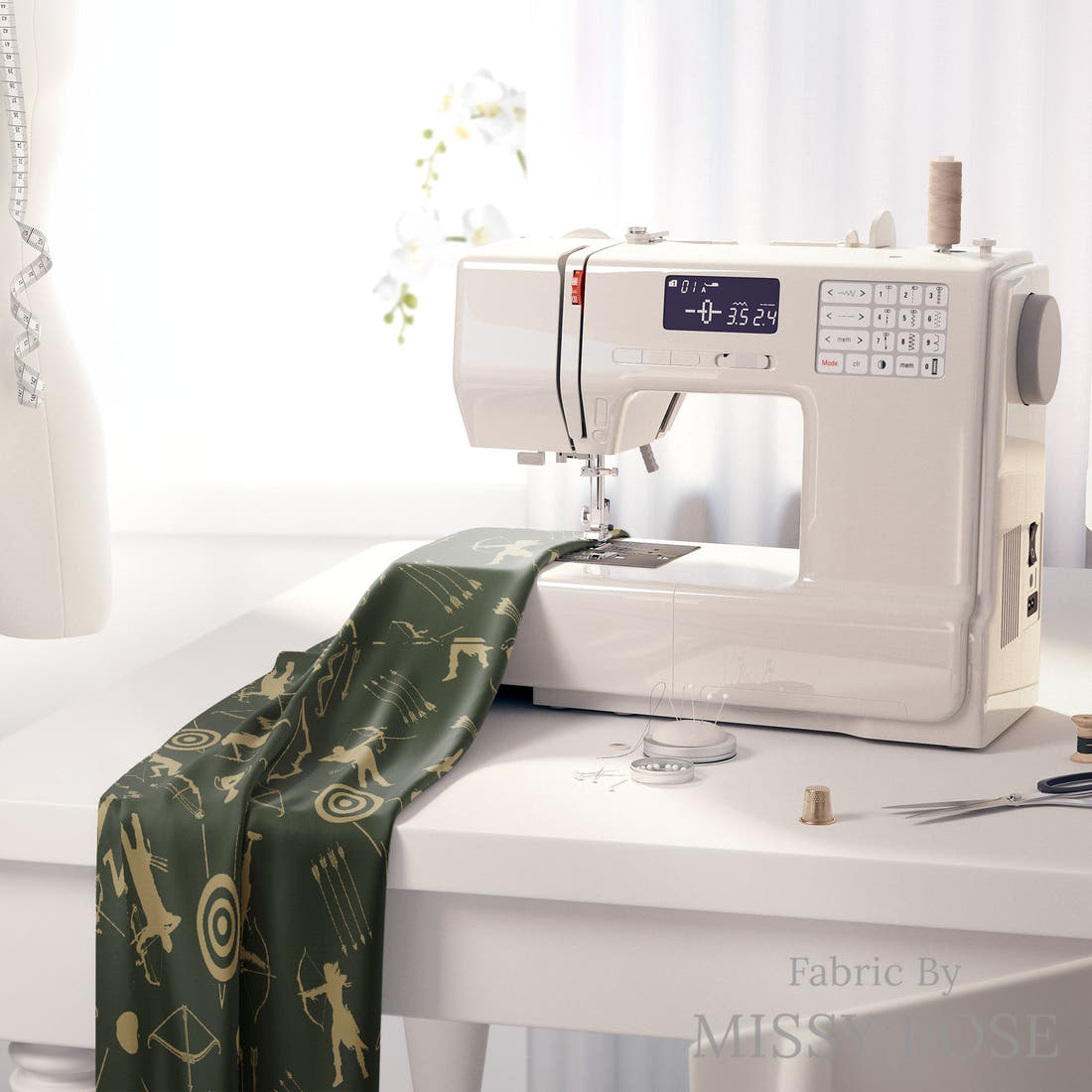 Design 114 Archery Fabric on a sewing machine – premium fabric for sewing projects | Fabric by Missy Rose
