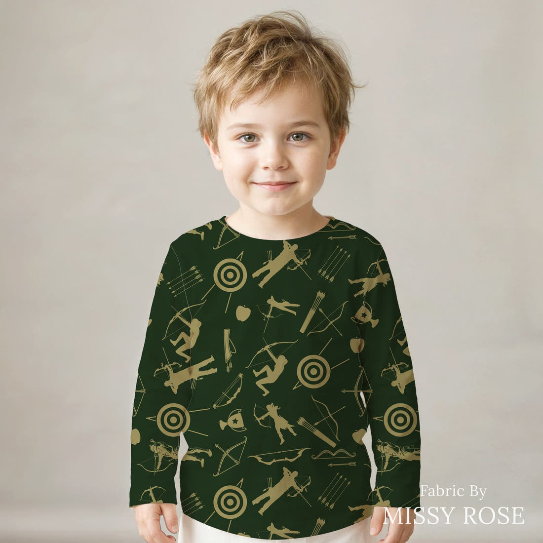 Design 114 Archery Fabric sewn into a kids' long sleeve top – see how the print looks made up | Fabric by Missy Rose
