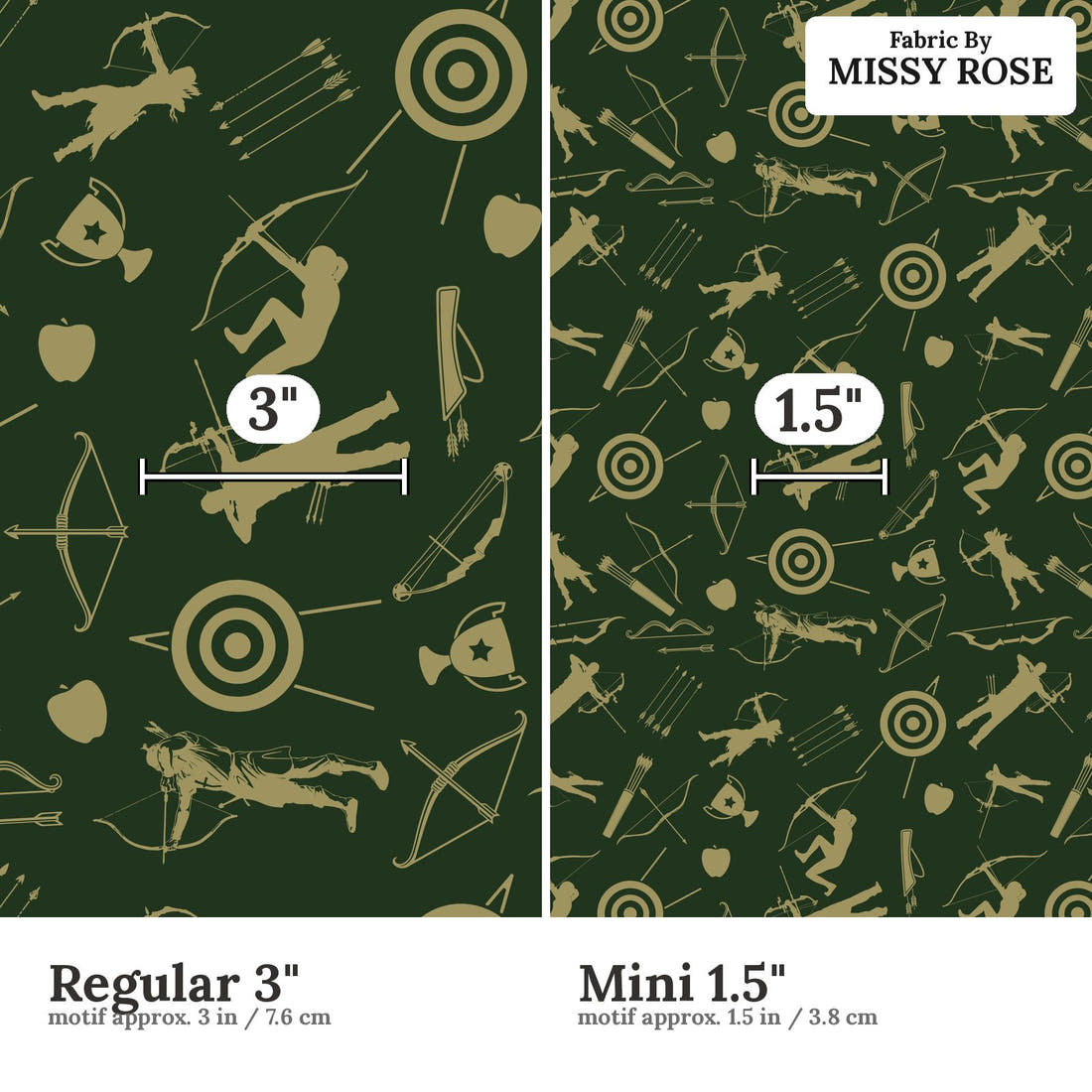 Design 114 Archery Fabric size comparison - print scale | Fabric by Missy Rose