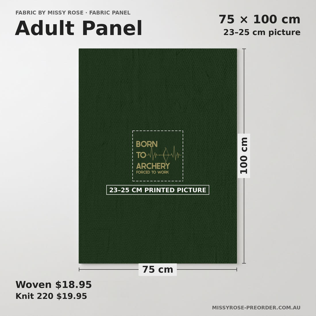 Design 114 Archery Panel adult panel sizing – 23–25 cm printed picture on 75 × 100 cm fabric | Fabric by Missy Rose