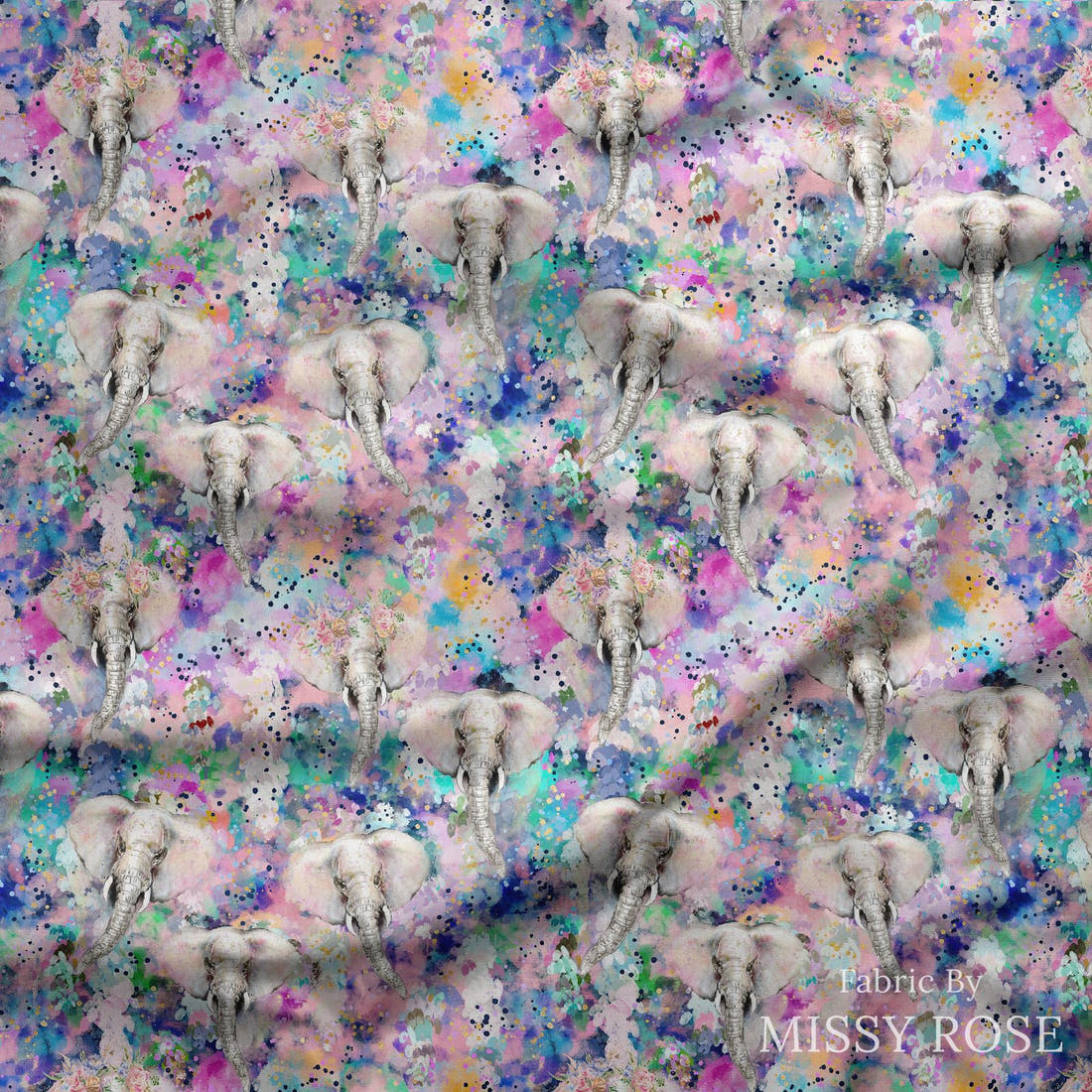 Design 1140 Elephant Fabric draped fabric mockup – custom printed fabric by the metre | Fabric by Missy Rose