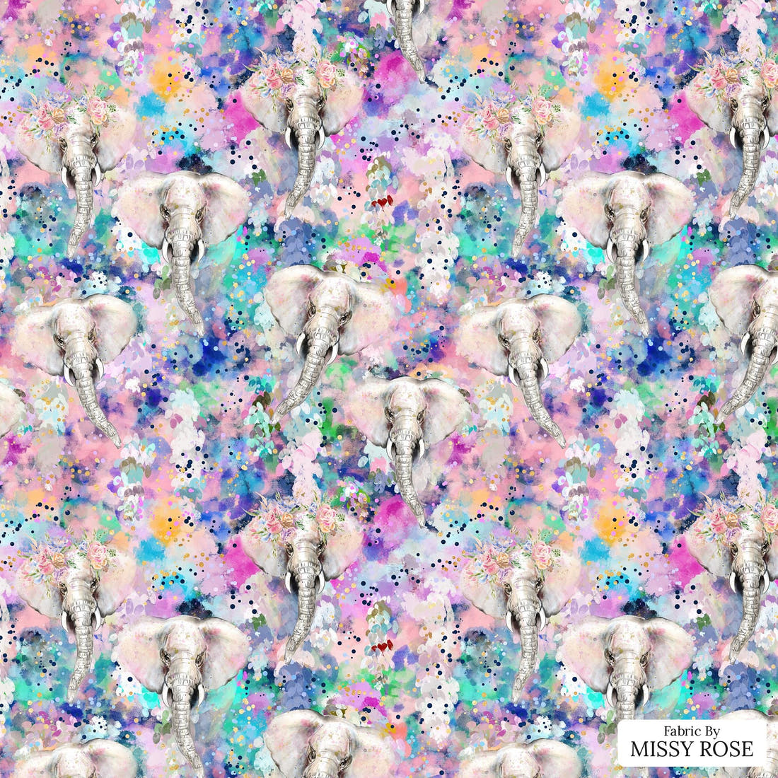 Design 1140 Elephant Fabric – flat view of the print, zoom in for detail | Fabric by Missy Rose
