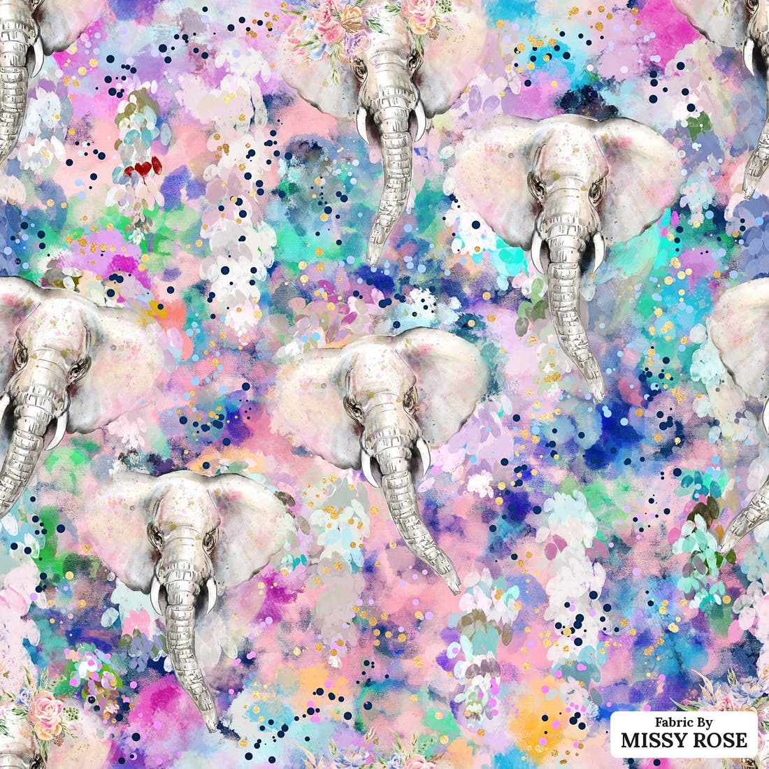 Design 1140 Elephant Fabric – flat view of the print, zoom in for detail | Fabric by Missy Rose