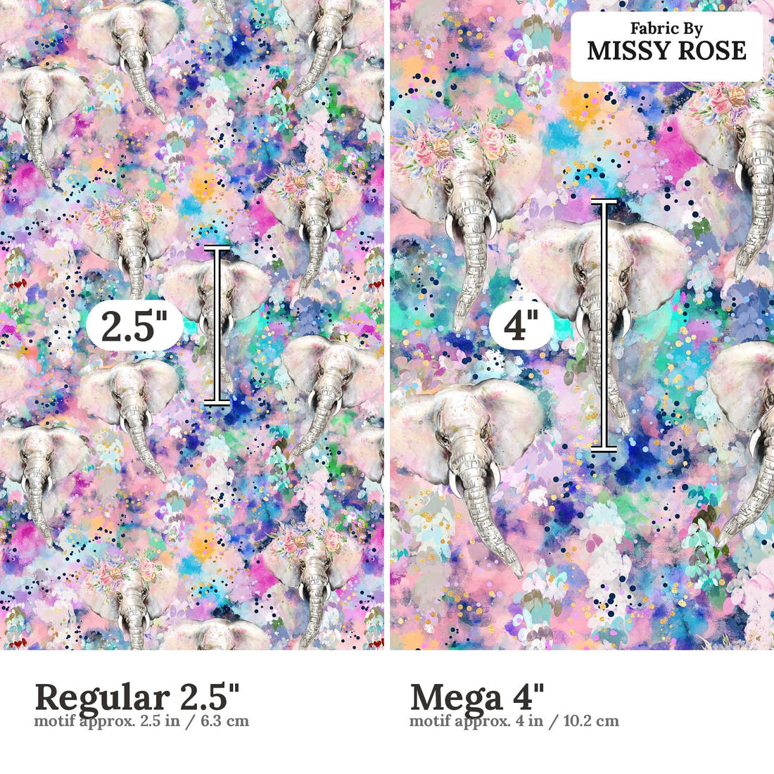 Design 1140 Elephant Fabric Regular 2.5 inch vs Mega 4 inch print scale side by side | Fabric by Missy Rose
