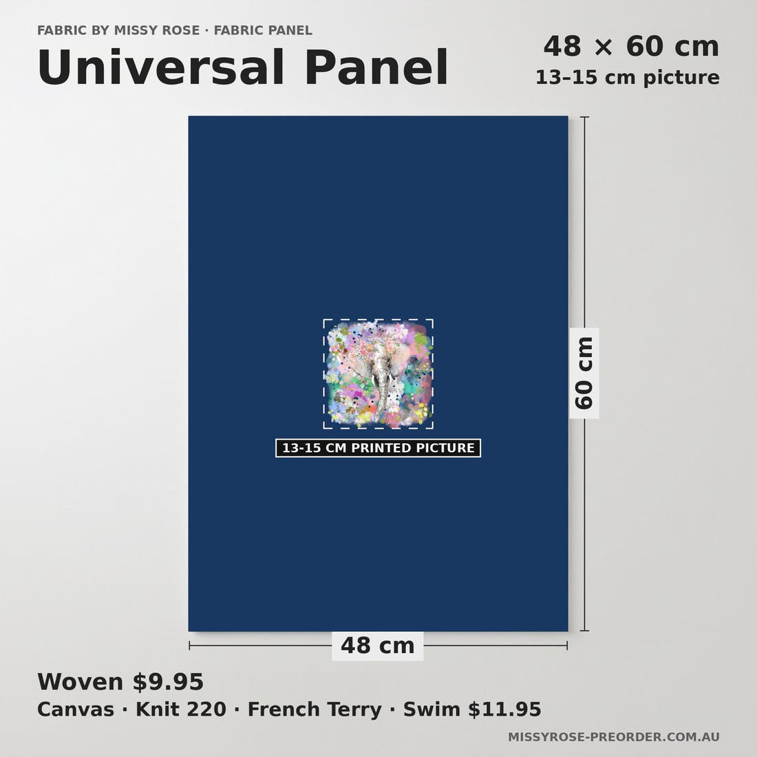 Design 1140 Elephant Panel universal panel sizing – 13–15 cm printed picture on 48 × 60 cm fabric | Fabric by Missy Rose