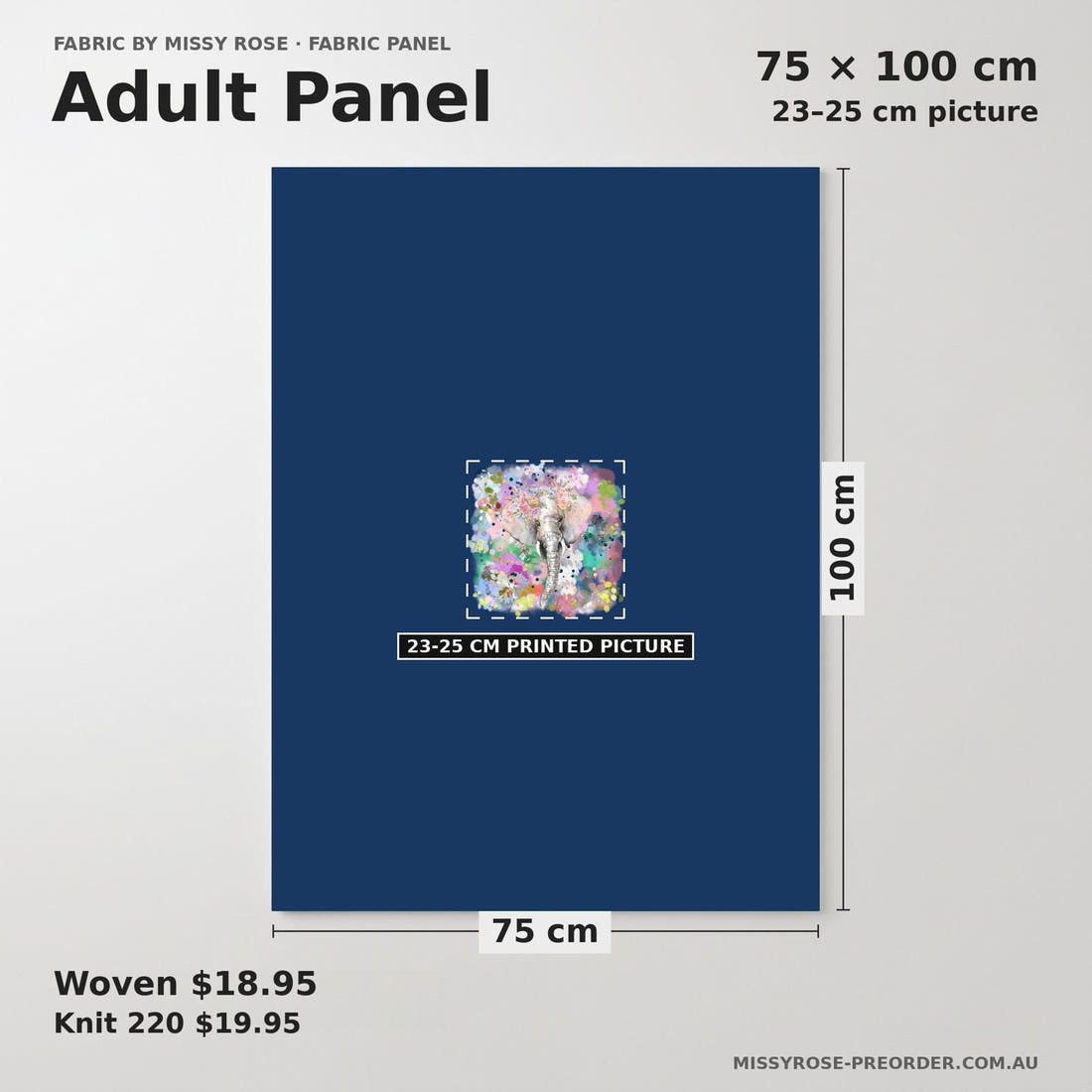 Design 1140 Elephant Panel adult panel sizing – 23–25 cm printed picture on 75 × 100 cm fabric | Fabric by Missy Rose