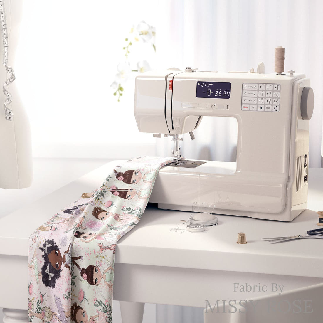 Design 1141 Ballerina Fabric on a sewing machine – premium fabric for sewing projects | Fabric by Missy Rose