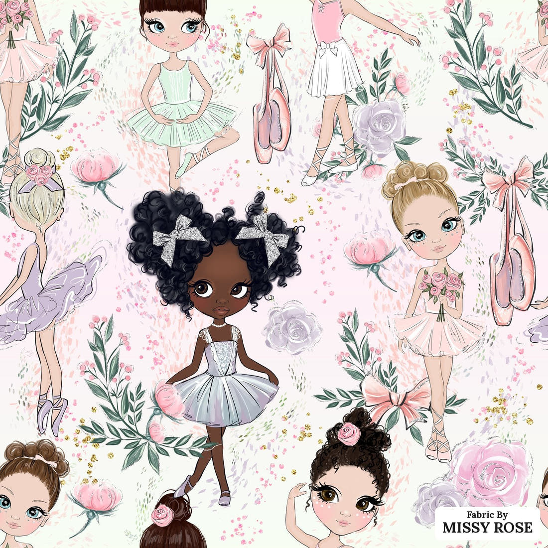 Design 1141 Ballerina Fabric – flat view of the print, zoom in for detail | Fabric by Missy Rose