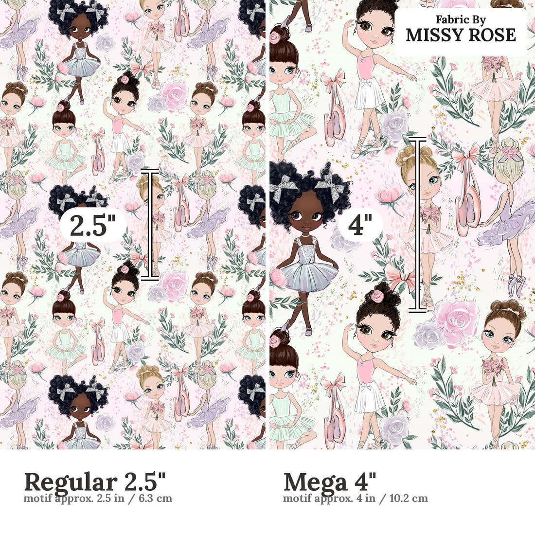 Design 1141 Ballerina Fabric Regular 2.5 inch vs Mega 4 inch print scale side by side | Fabric by Missy Rose