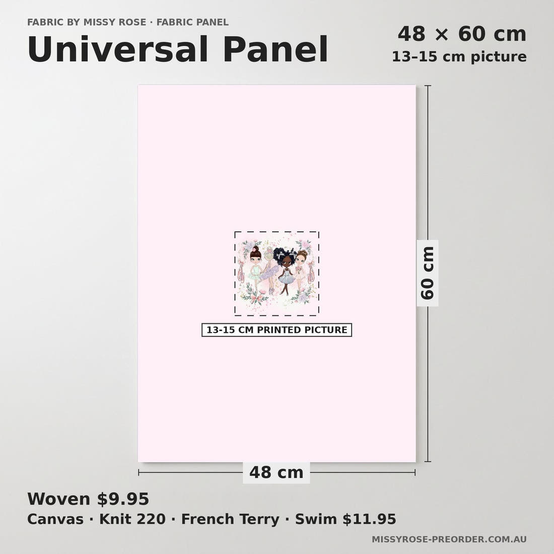 Design 1141 Ballerina Panel universal panel sizing – 13–15 cm printed picture on 48 × 60 cm fabric | Fabric by Missy Rose
